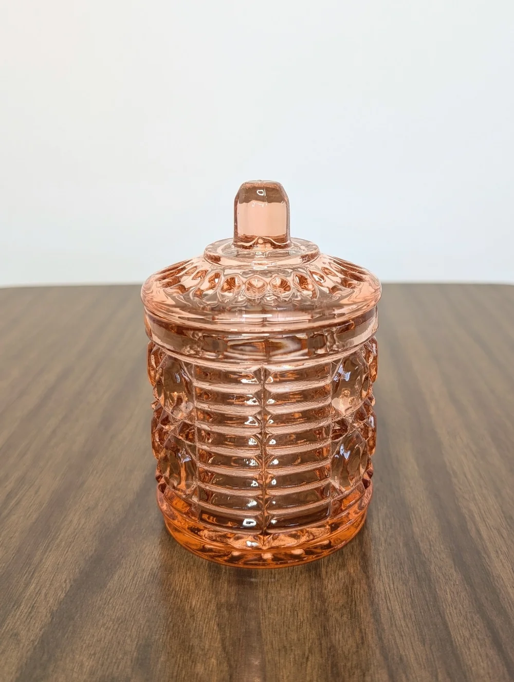 Vintage Windsor Pattern By Indiana Peachy Rose Pink Glass Honey Jam Jar With Lid